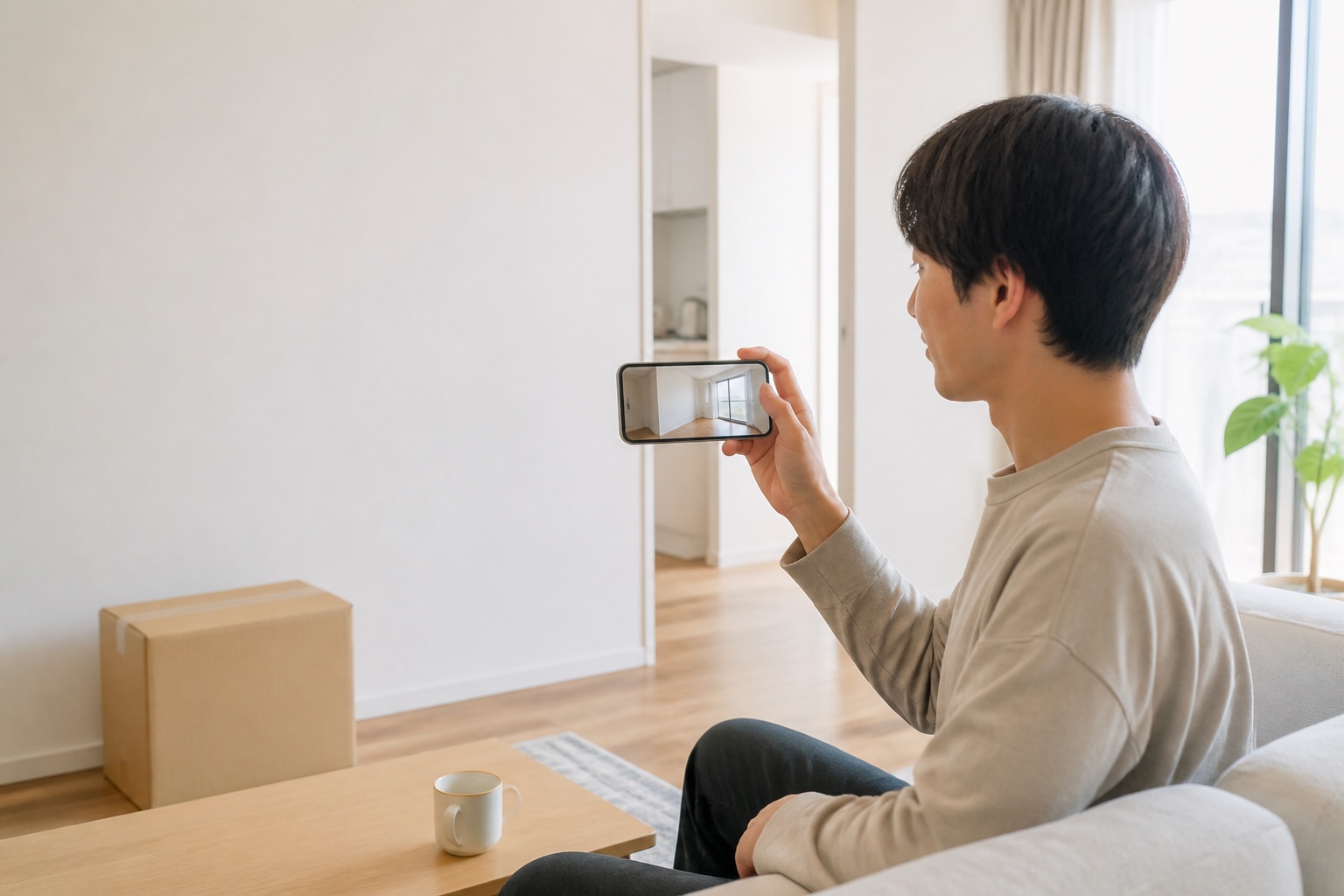 スマートフォンの映像で江坂の賃貸物件を内見する人